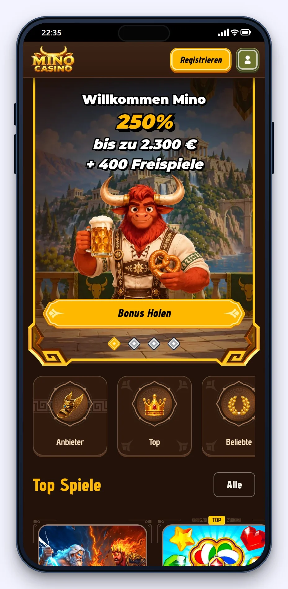 casino mit google pay: Mino Casino Lobby am Smartphone
