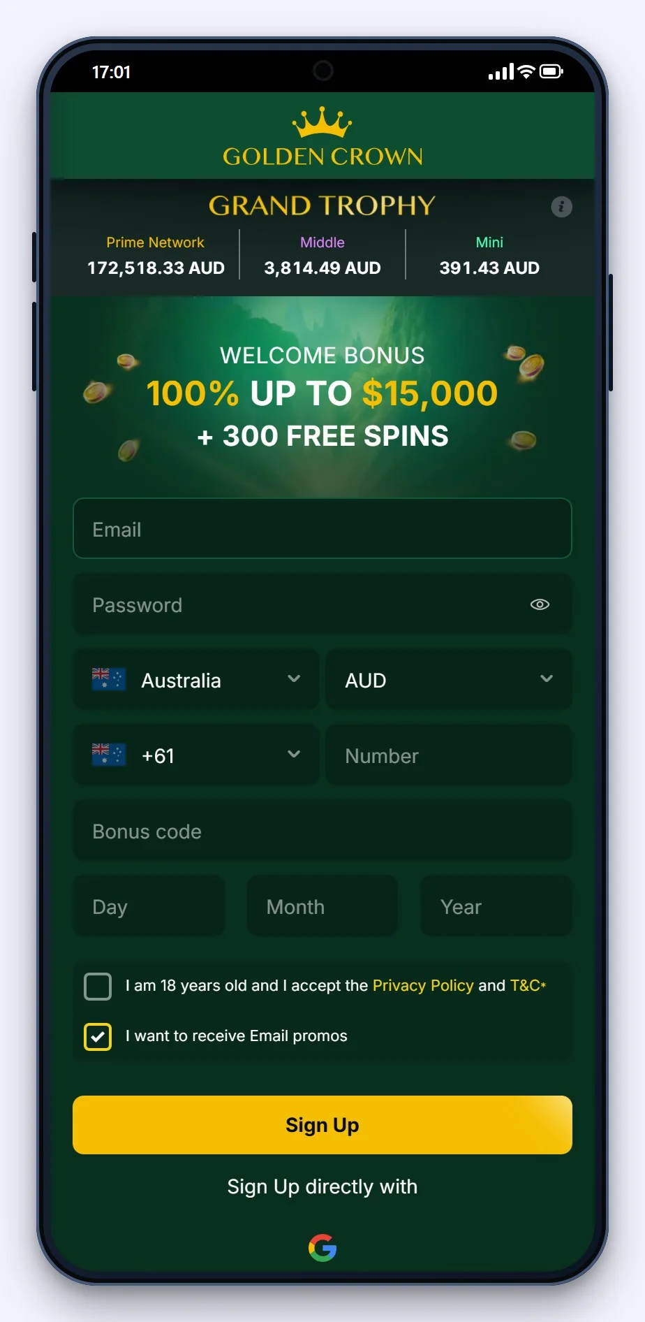 google pay casinos: Golden Crown lobby on a phone