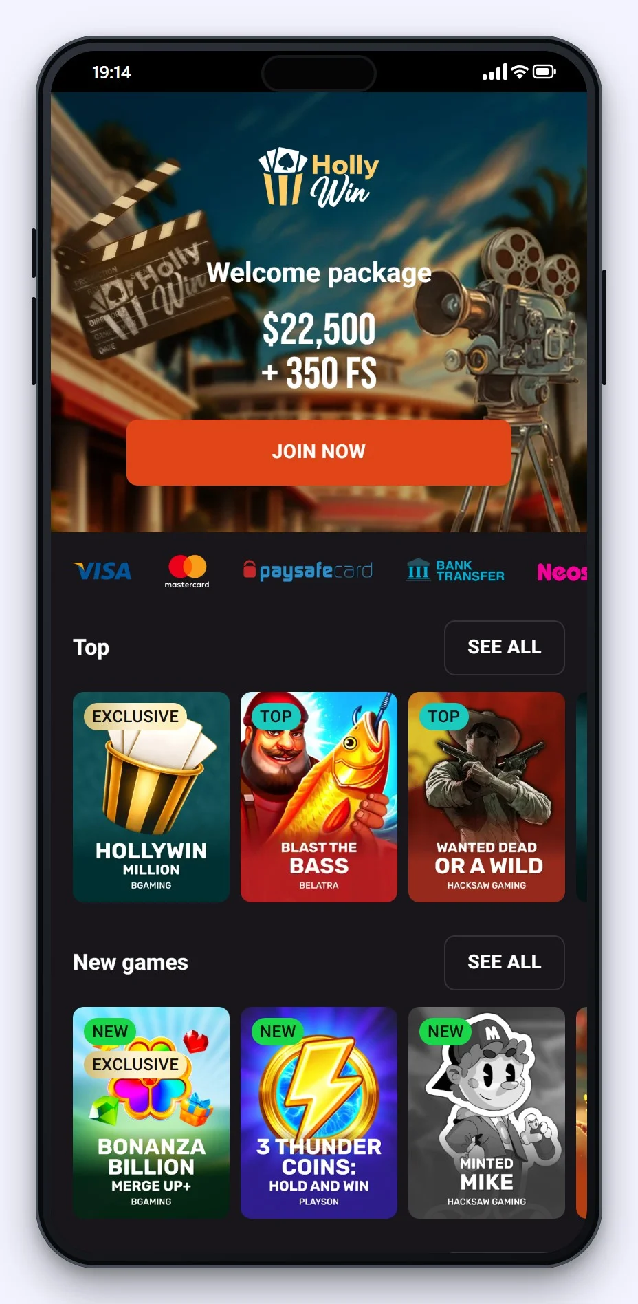 google pay casino: Hollywin mobile lobby