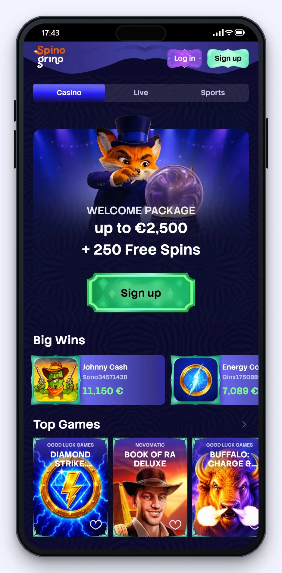 google pay casino: Spinogrino Lobby am Smartphone
