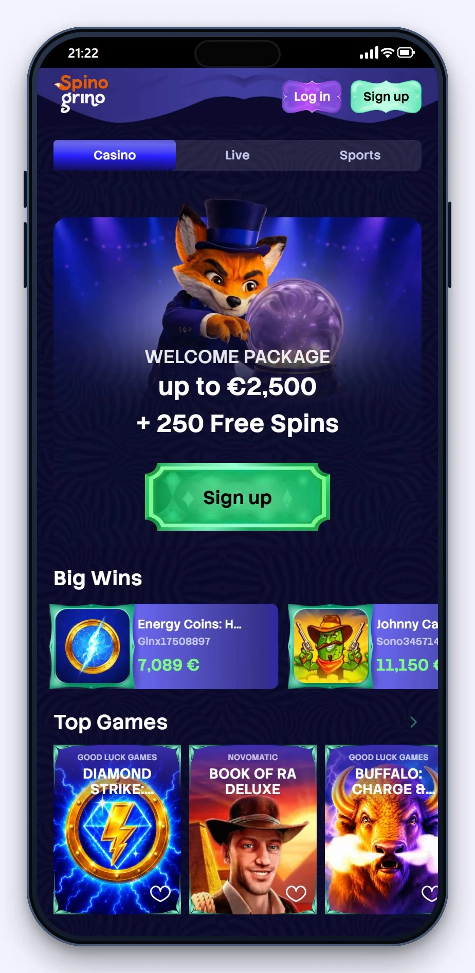 casino med google pay: Spinogrino lobby på mobilen