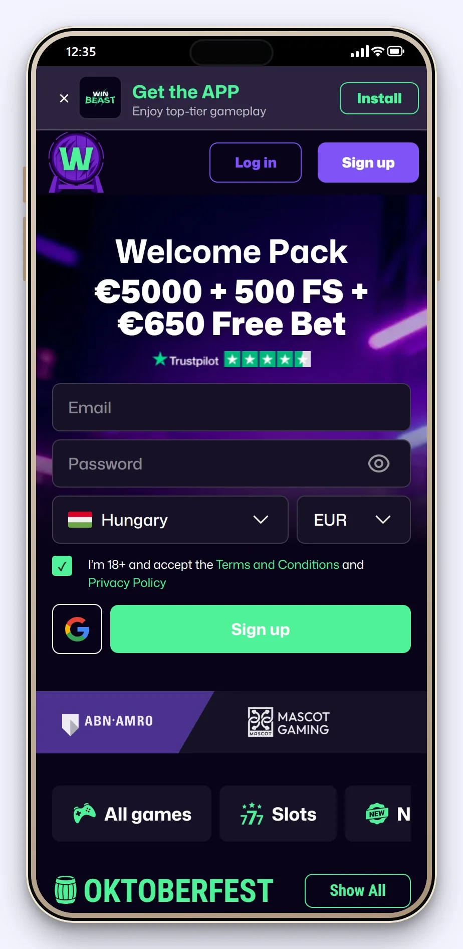 google pay kaszinó: WinBeast lobbi mobilon
